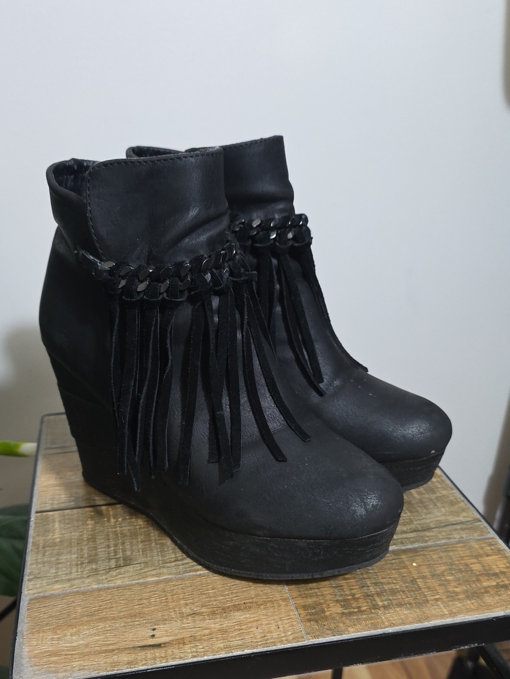 Womens Black Fringe Wedge Booties